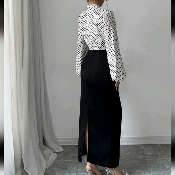 Women's Elegant Black Woven Mixed Fabric Splice Cinched Waist Bodycon Dress - Picture 2 of 5